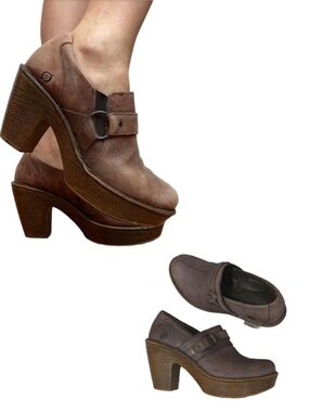 BORN "Haddon" Genuine Leather Buckle Detail Chunky Wood Heel Clogs